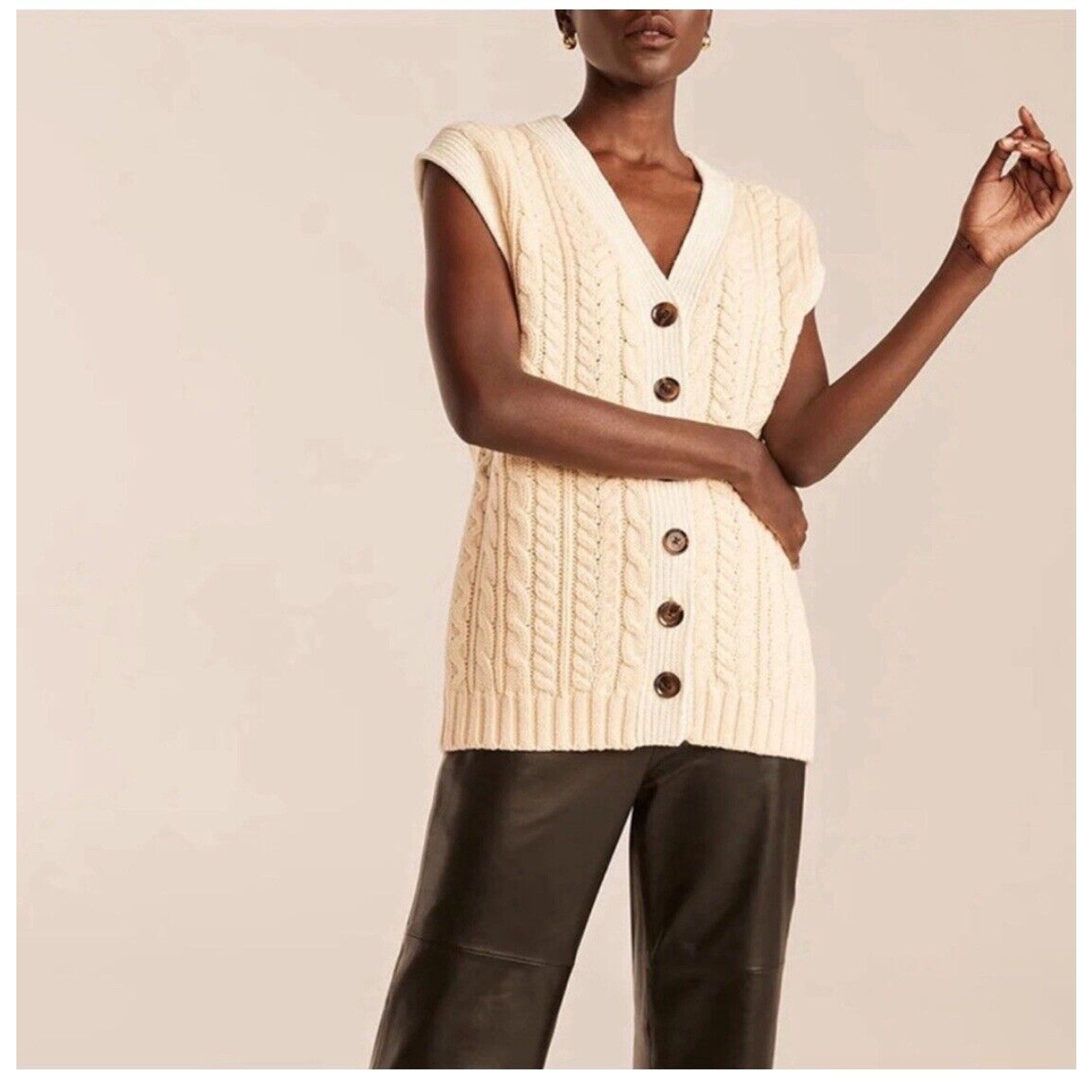 Rebecca Taylor V-Neck Wool Cable Knit Sweater Vest Cream Sz S Preppy Academia